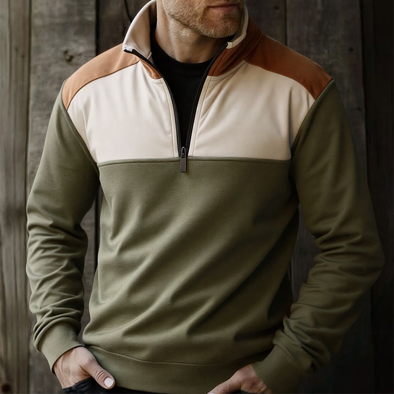 Mens Fashion Quarter Zip - UETEEY 남성용 쿼터 집업 패치워크 스웨트셔츠