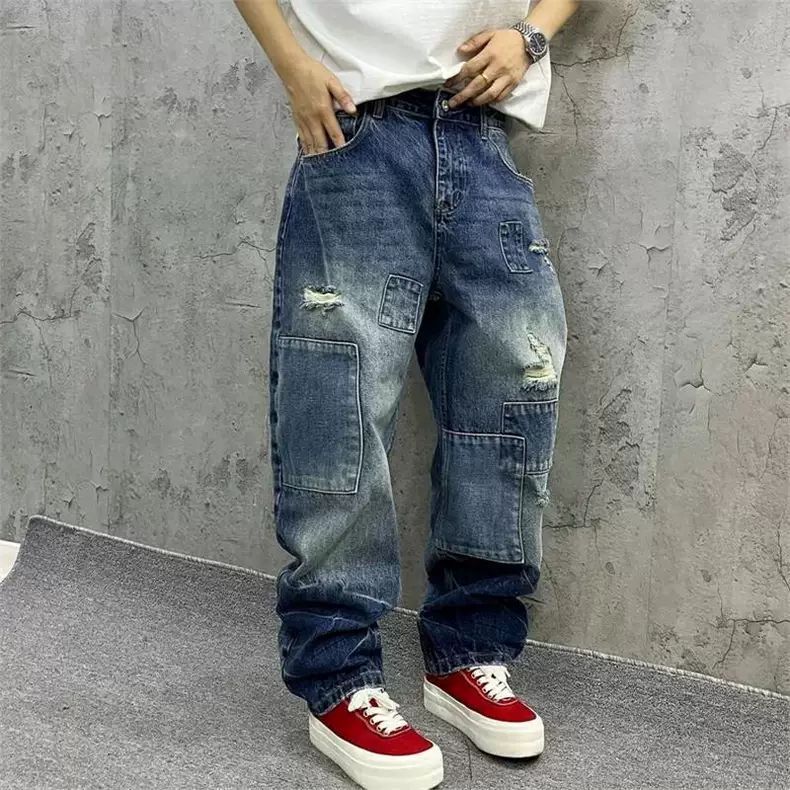 브랜드 스플라이싱 진 가을 패션 루즈 스트레이트 하렘  - Men'S Fashion With Baggy Jeans 리뷰 및 가격