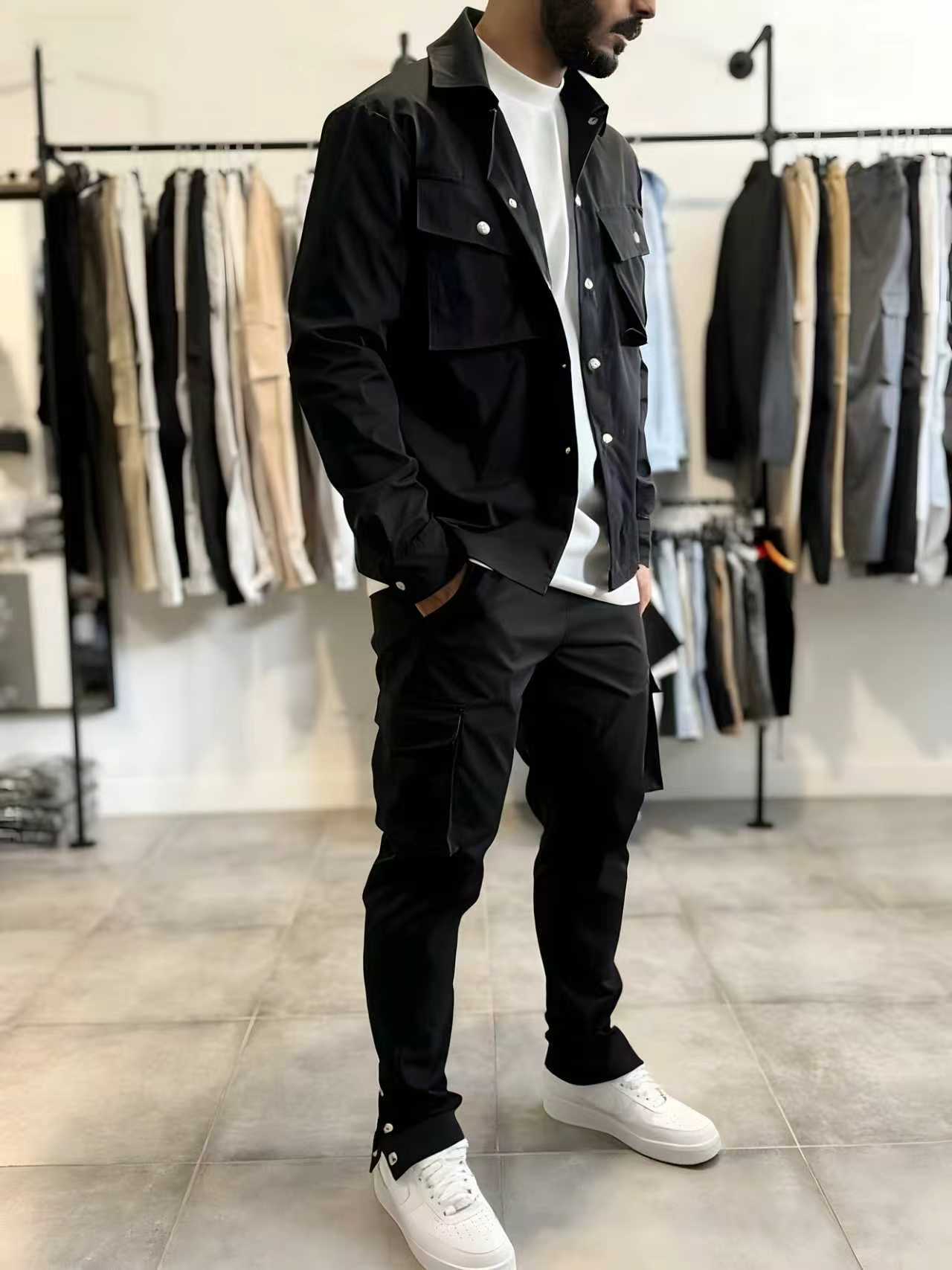 남성 패션 솔리드 컬러 작업복 봄 가을 신상품 긴팔 재 - Mens Fashion Workwear 리뷰 및 가격