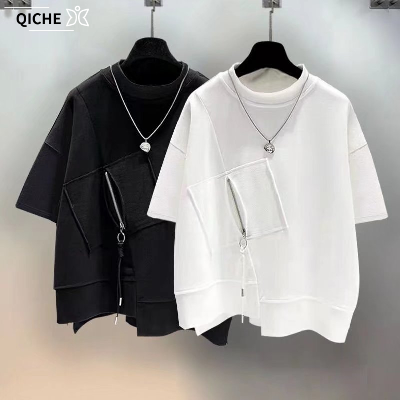 QICHE 남성용 포켓 지퍼 스플라이싱 반소매 티셔츠  - Mens Fashion Quarter Zip 리뷰 및 가격